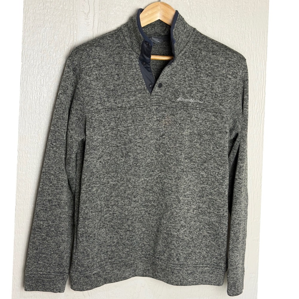 Eddie Bauer Mens L Grey Marled Sweater Fleece Quarter Snap Pullover Mock Neck